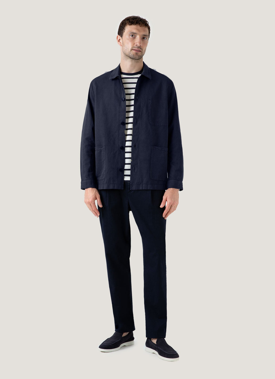 Men's Long Sleeve Classic T-shirt in Ecru/Navy Breton Stripe
