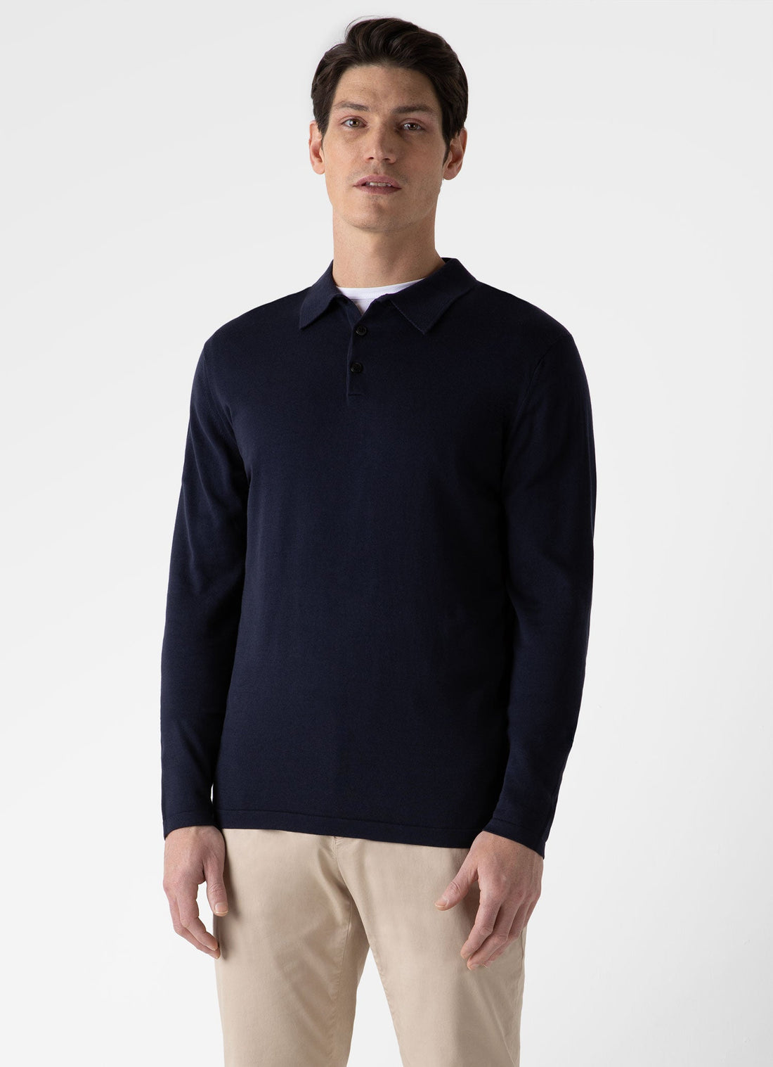 Men's Long Sleeve Sea Island Cotton Knit Polo Shirt in Light Navy