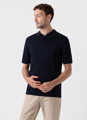 Men's Sea Island Cotton Knit Polo Shirt in Light Navy
