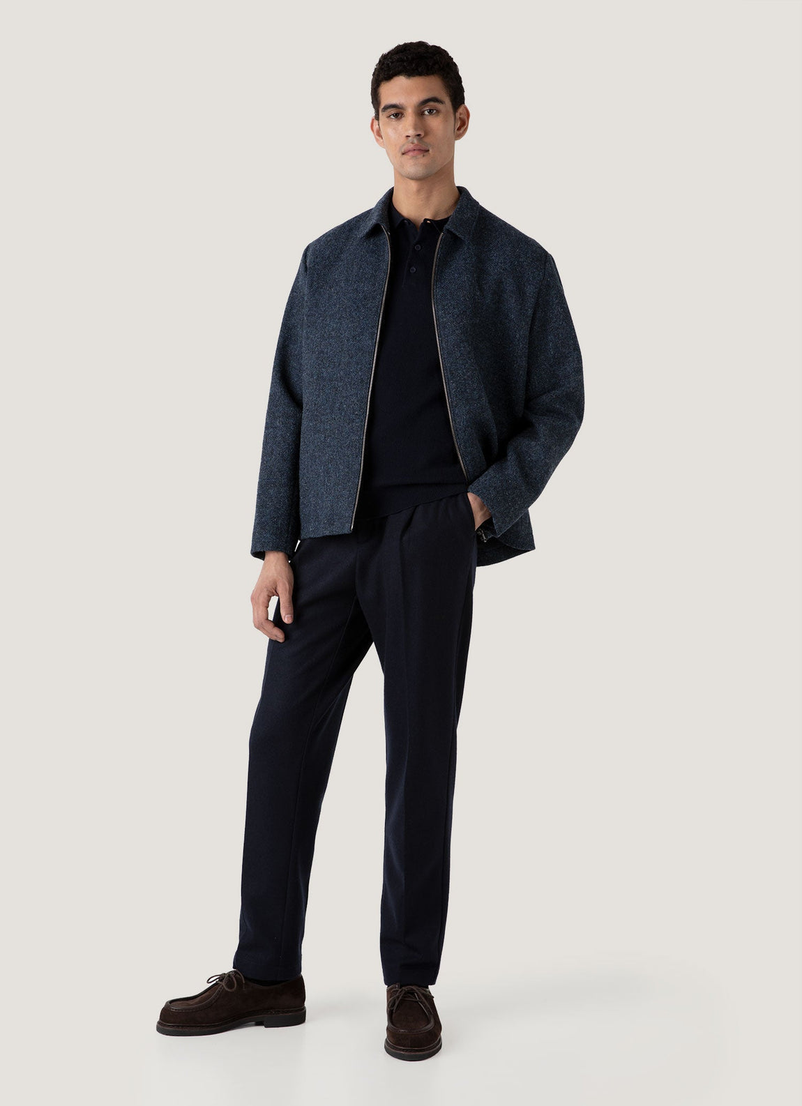 Men's Harris Tweed Harrington Jacket in Blue Herringbone