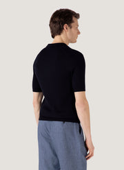 Men's Fine Rib Silk Cotton Polo Shirt in Navy
