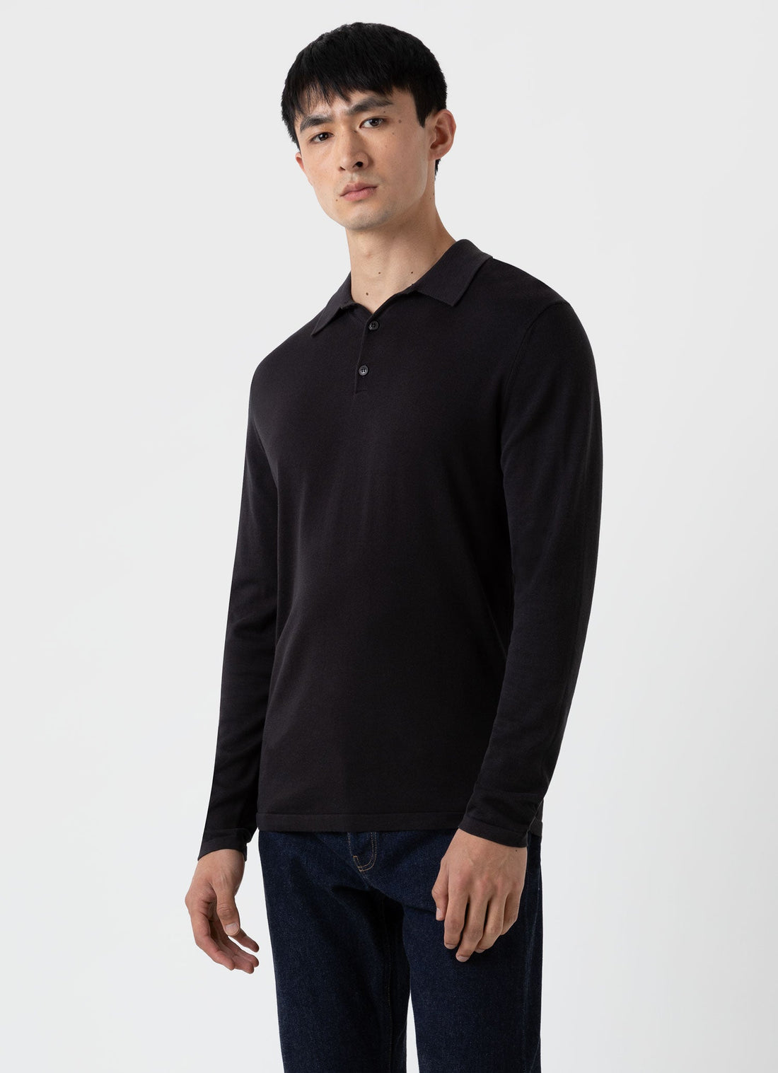 Men's Long Sleeve Sea Island Cotton Knit Polo Shirt in Black
